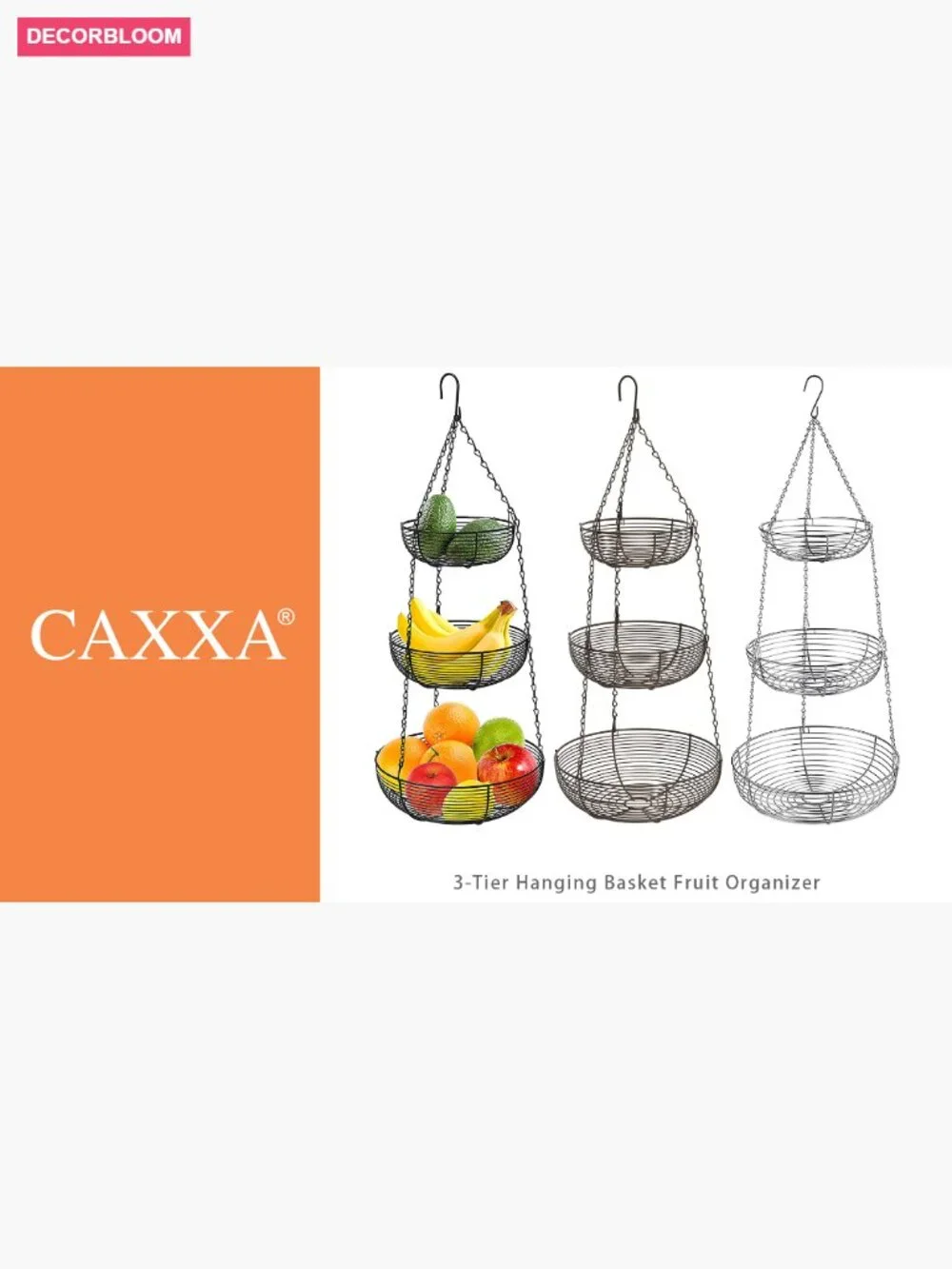 3-Tier Hanging Basket Kitchen Fruit Organizer Heavy Duty Wire, 30in
